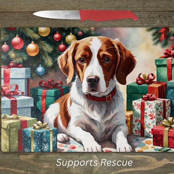Christmas Brittany Spaniel  Dog Kitchen Tempered Glass Cutting Board or Trivet - Picture 1 of 1